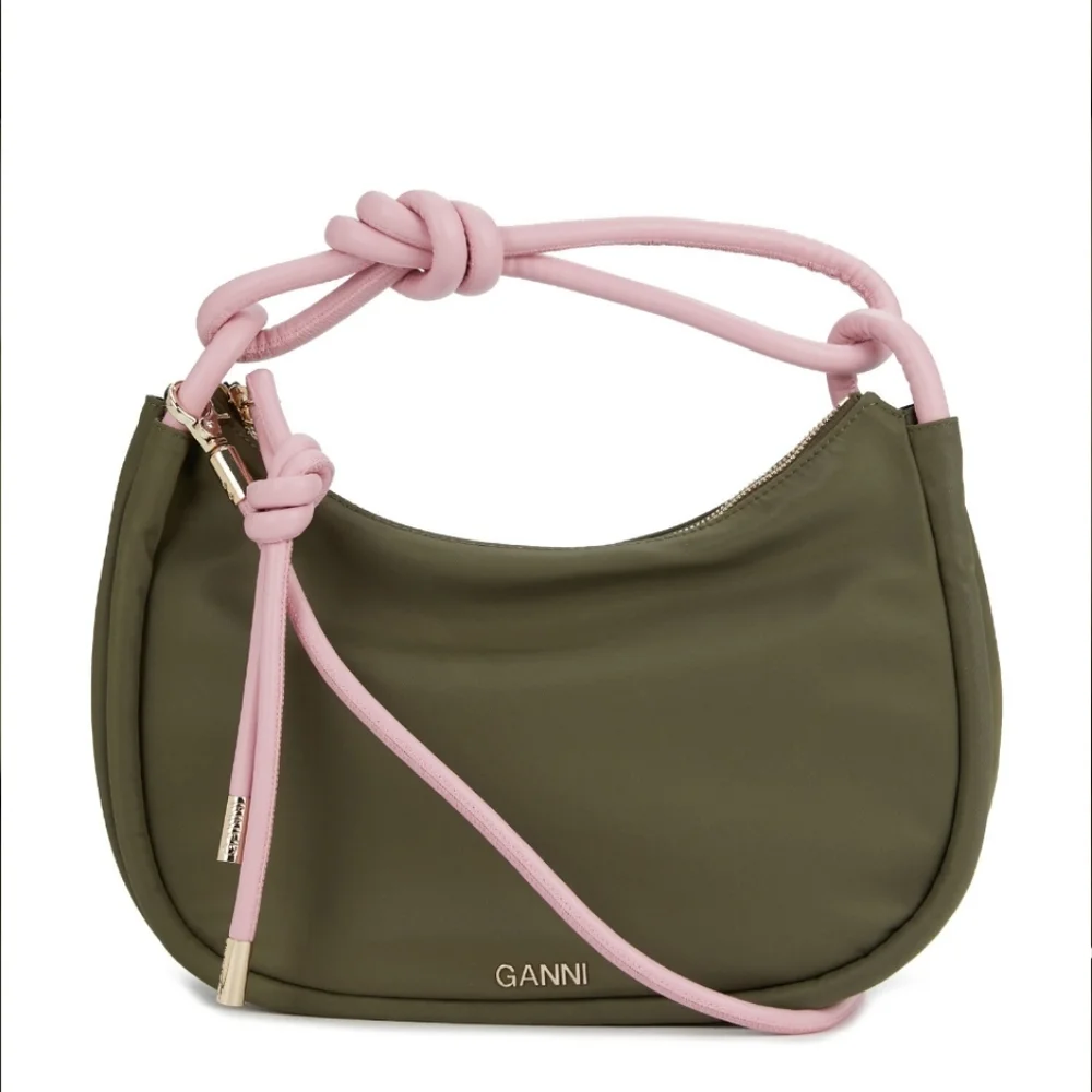 NWT GANNI Knot Hobo Bag in a kalamata green color contrasting pink Knot handle - Picture 1 of 13